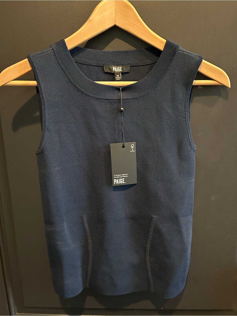 PAIGE Navy Sleeveless Knit Tank with Front Welt Pockets